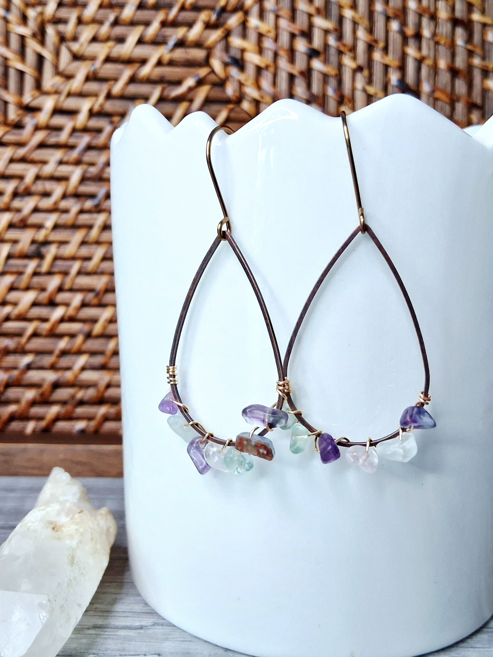 Teardrop Earrings with Fluorite Gemstone Chips